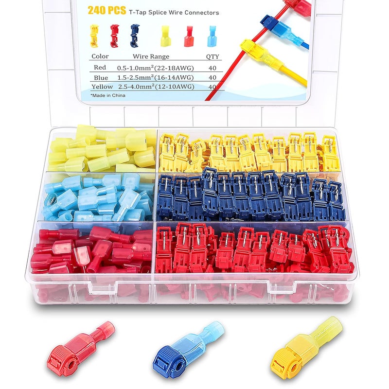 Flytuo 240PCS T-Tap Wire Connectors, AWG 22-10, Self-Stripping Quick Splice Electrical Wire Terminals, Color Coded Insulated Male Quick Disconnect Spade Terminals Assortment Kit for Wiring (3 Colors) - Image 1